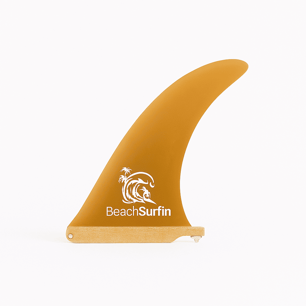 Single amber surfboard fin with BeachSurfin logo on a white background.