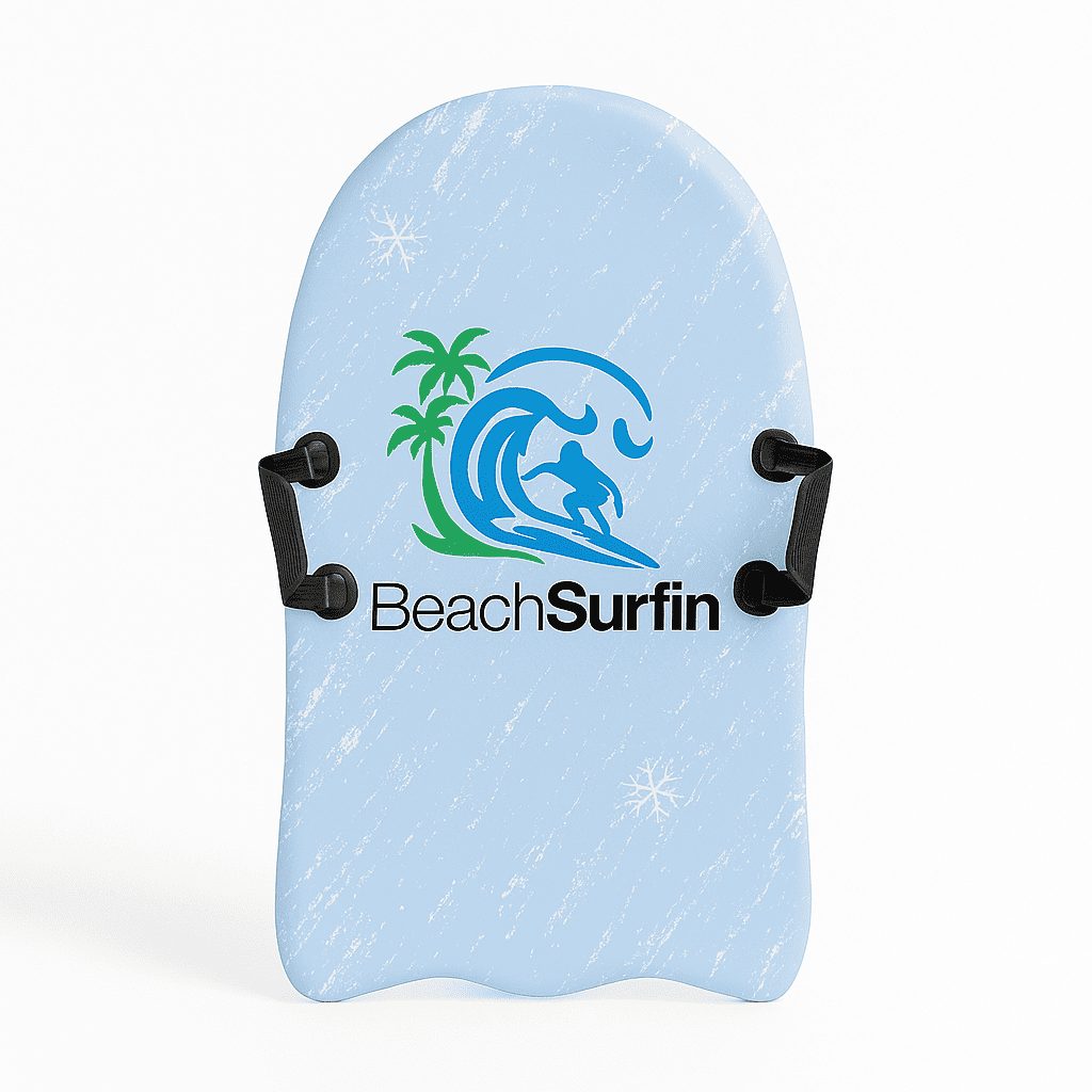 Light blue boogie board with dual hand straps and BeachSurfin logo on a white background.
