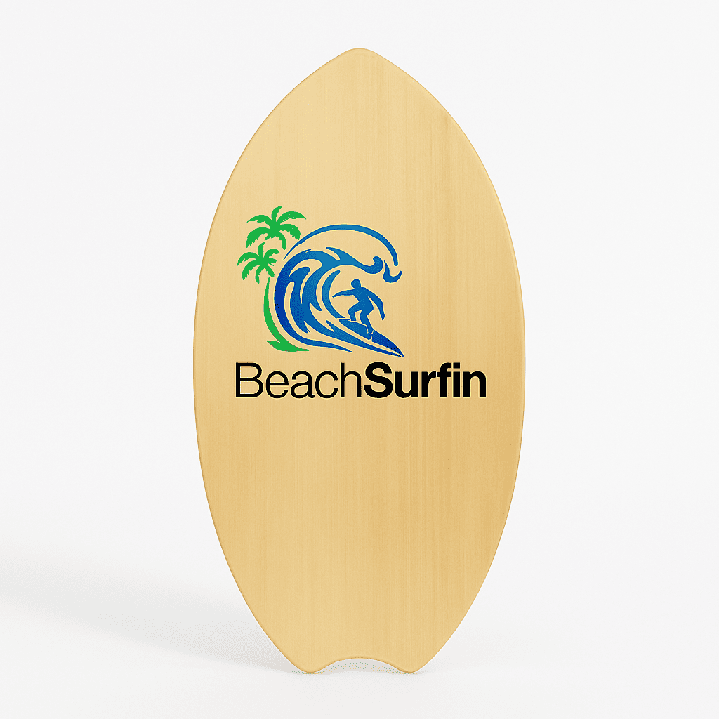 Natural wood skimboard with smooth finish and rounded edges.